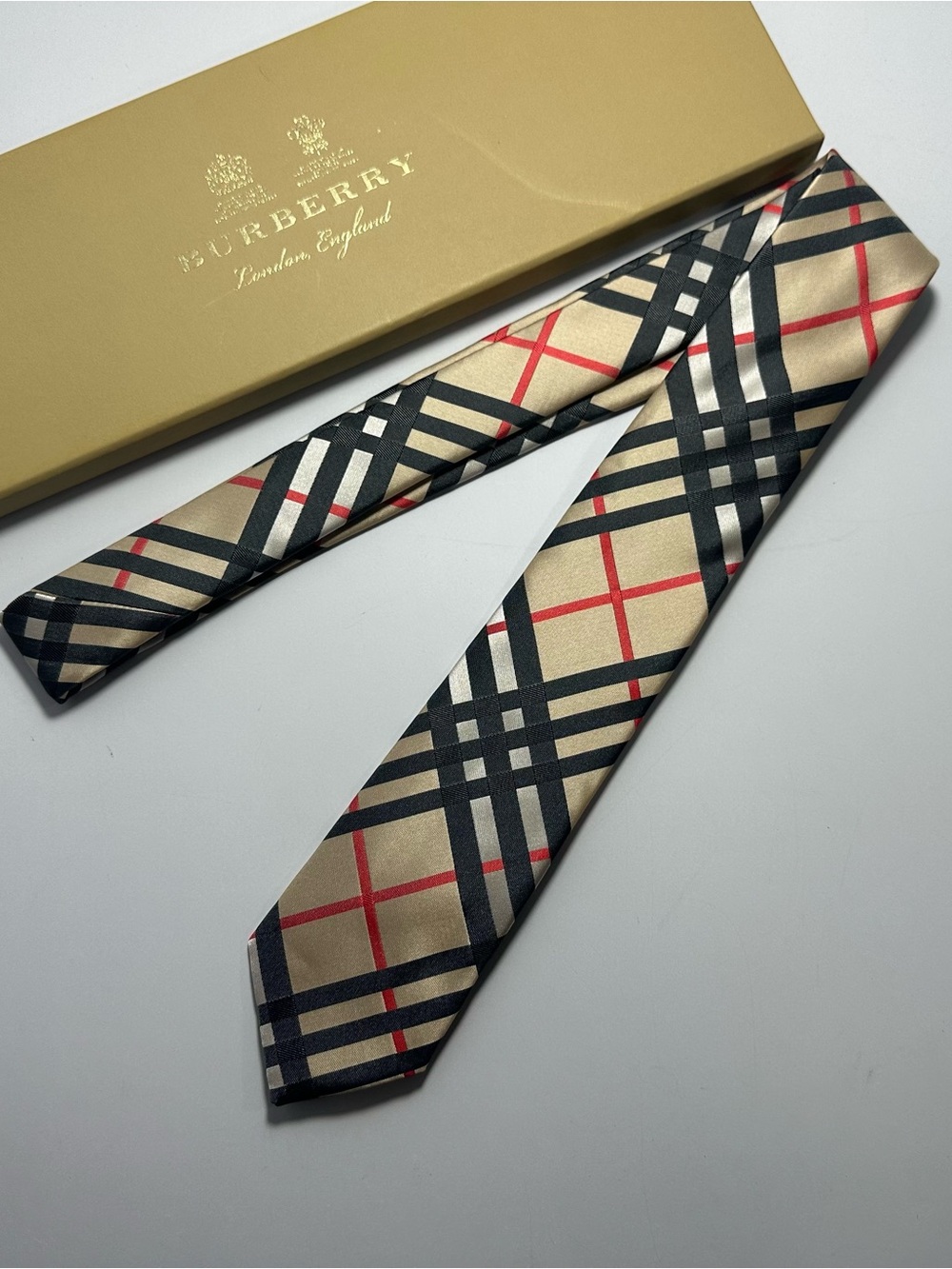 Burberry Beige Check Silk Tie with Black and Red Stripes